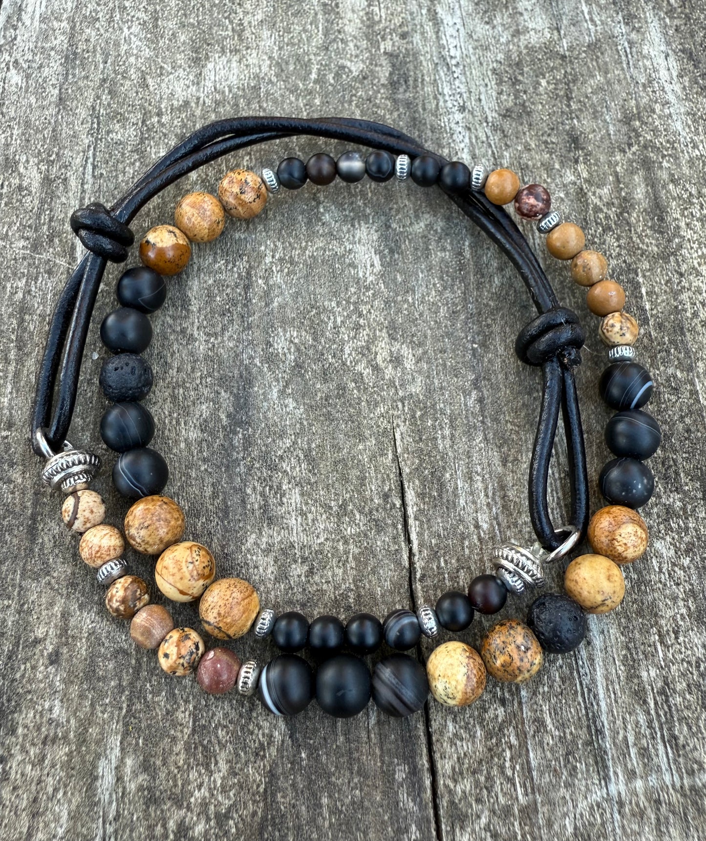 Double-Wrap Leather & Stretch Cord Bracelet with Picture Jasper & Black Agate Gemstone Beads
