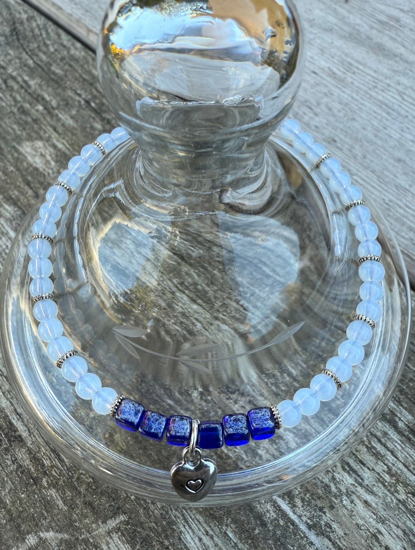 Opalite & Blue Czech Glass Bracelet or Anklet
