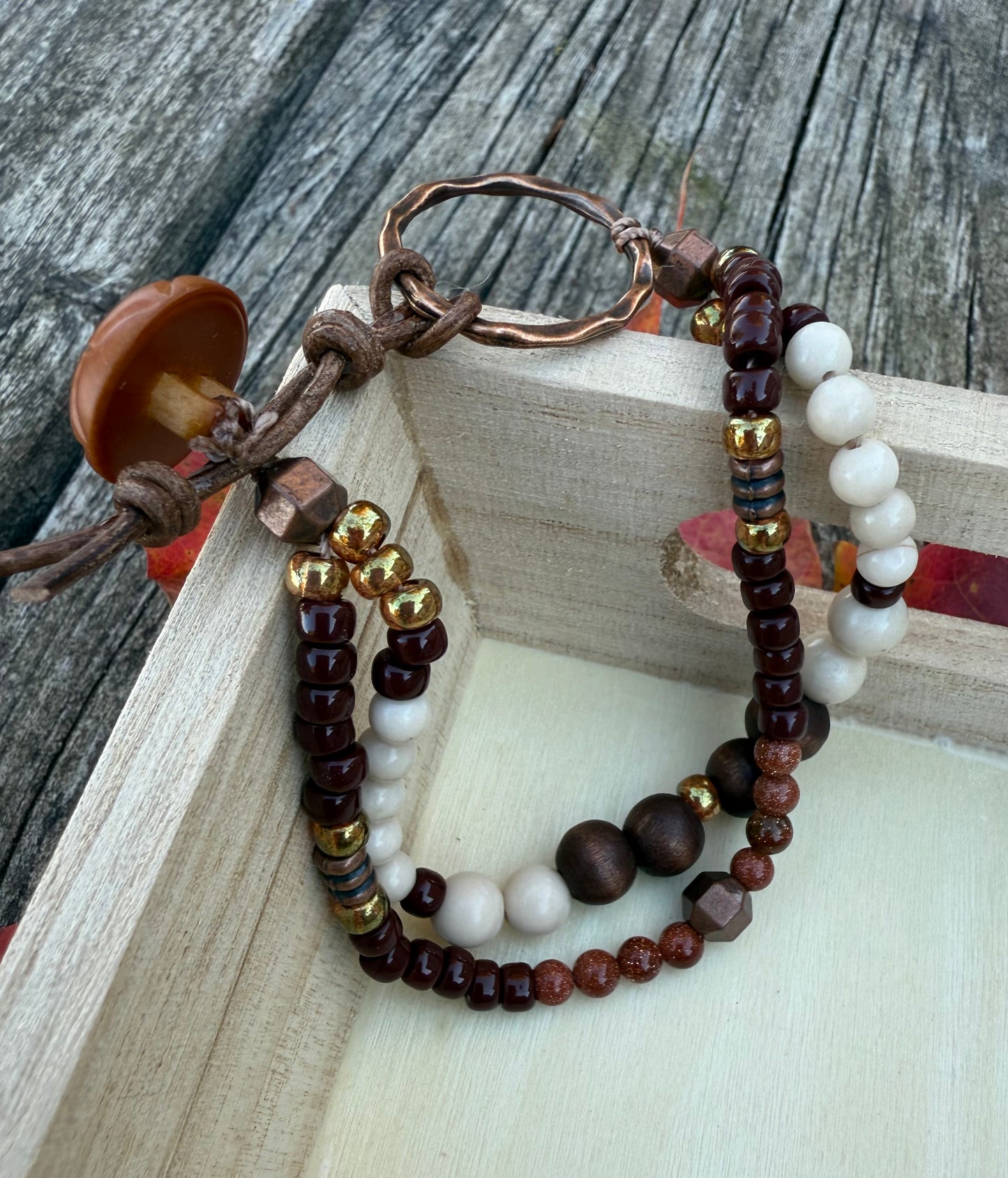Double-Strand Bracelet with Fossil Jasper, Wood & Seed Beads