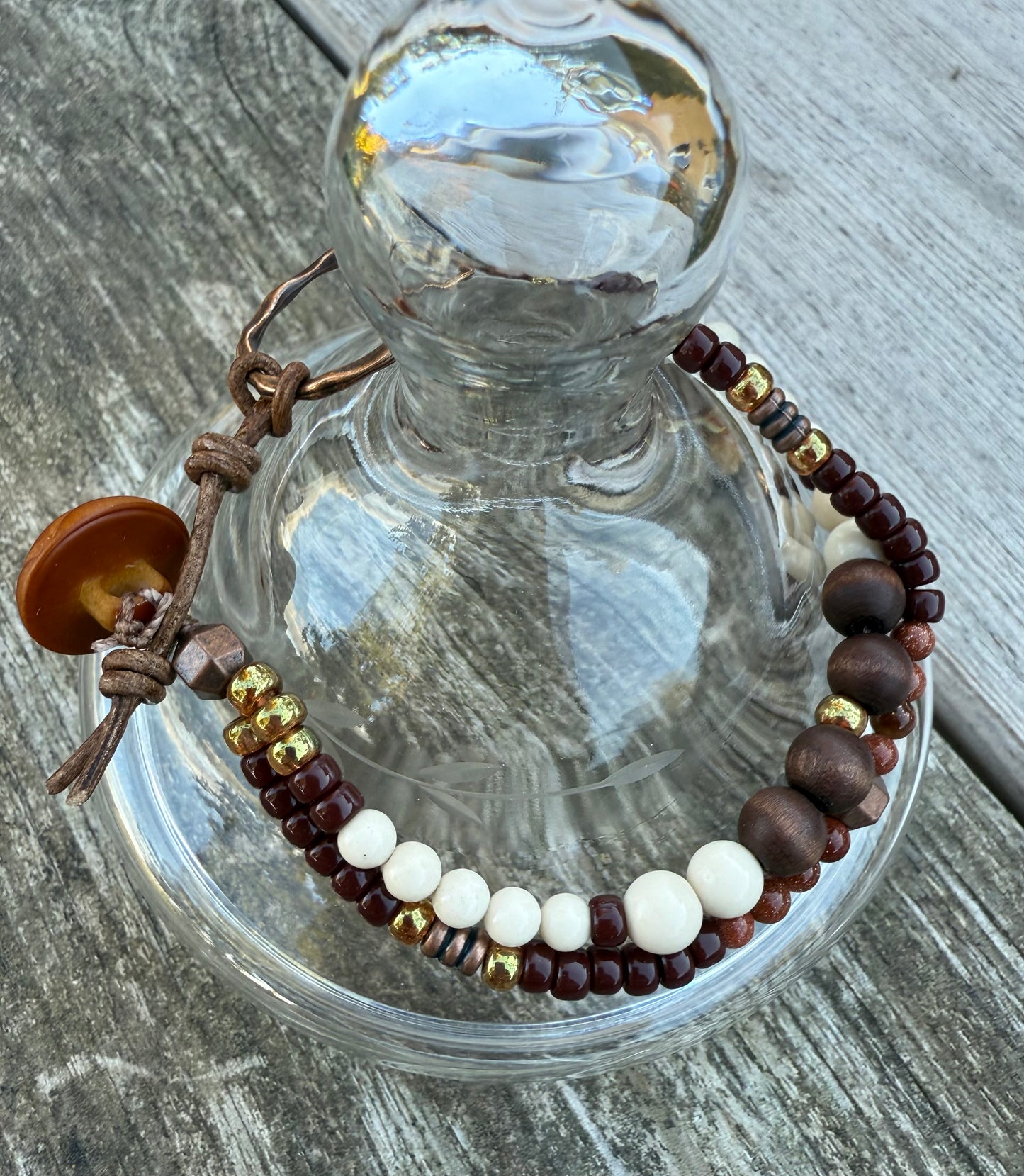 Double-Strand Bracelet with Fossil Jasper, Wood & Seed Beads
