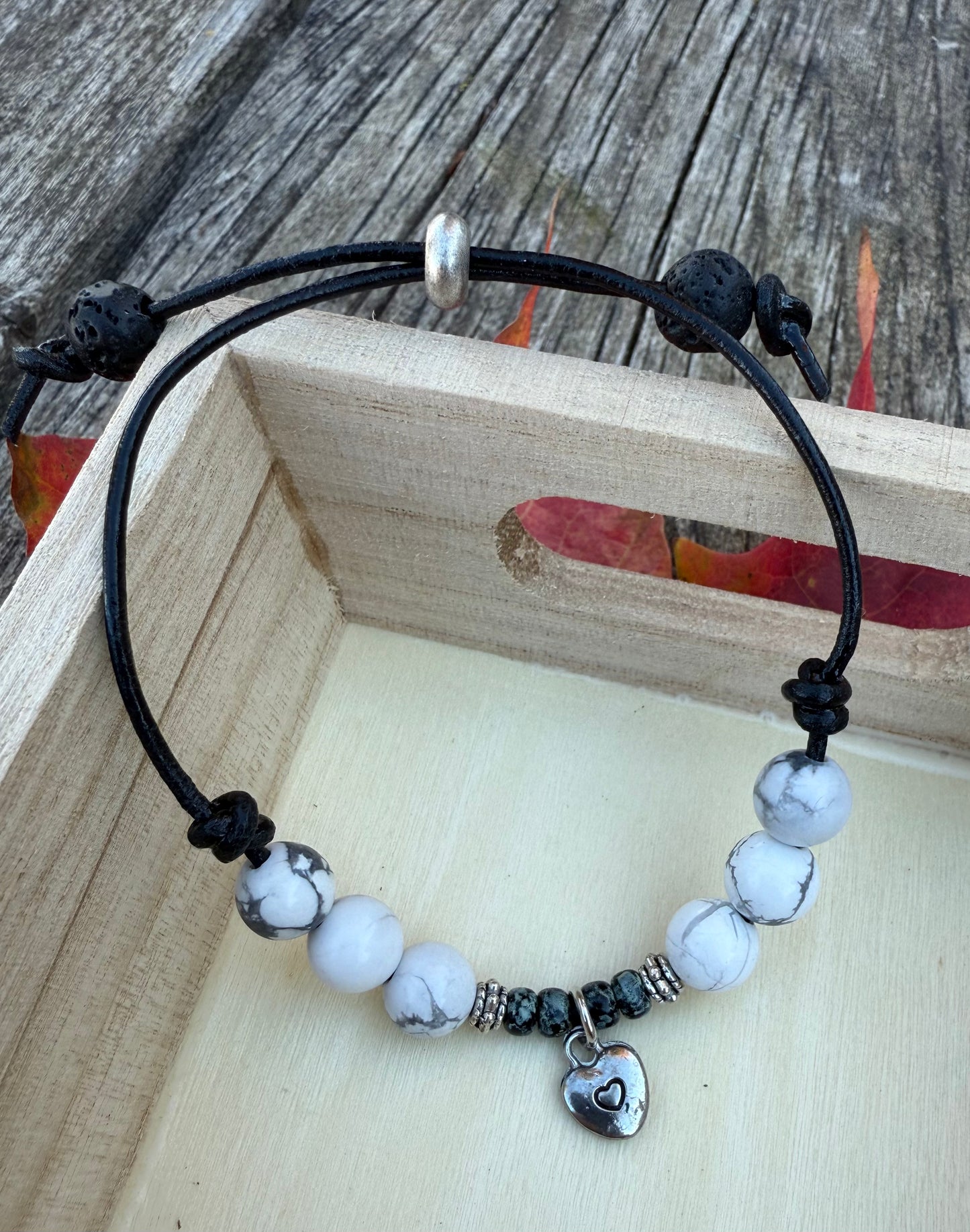 Leather Bracelet with Howlite Gemstone & Lava Beads