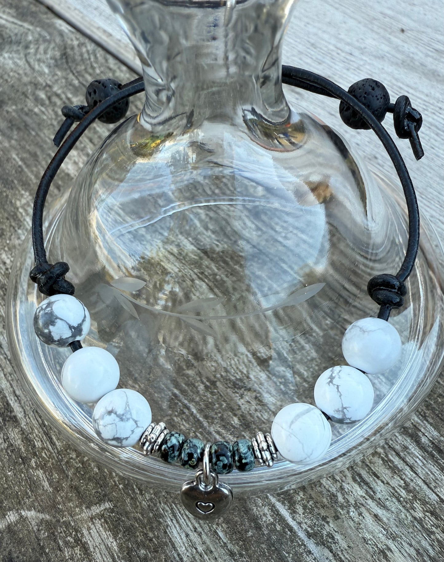 Leather Bracelet with Howlite Gemstone & Lava Beads