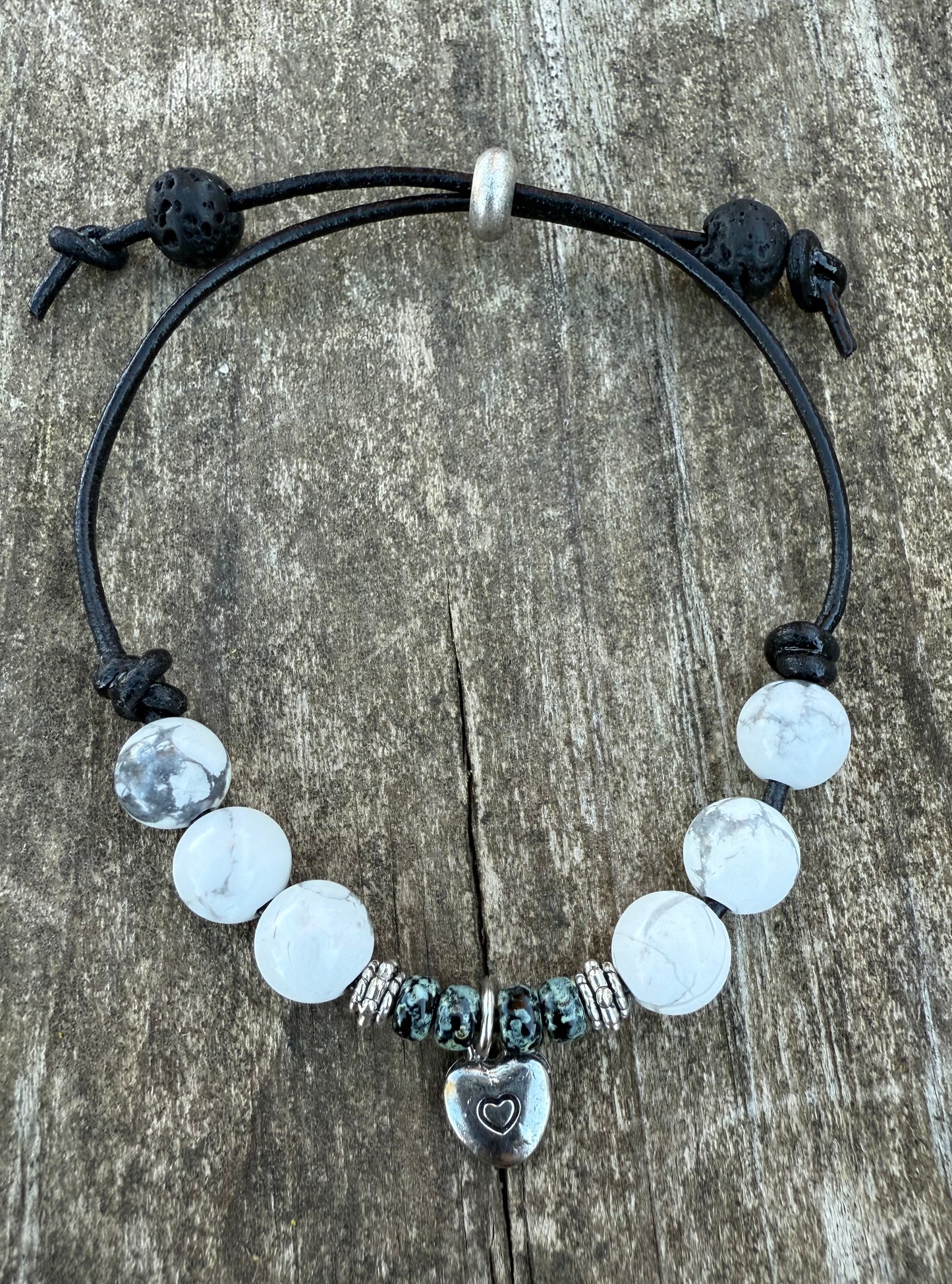 Leather Bracelet with Howlite Gemstone & Lava Beads