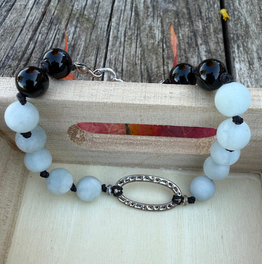 Blue Angelite & Black Agate Knotted Bracelet