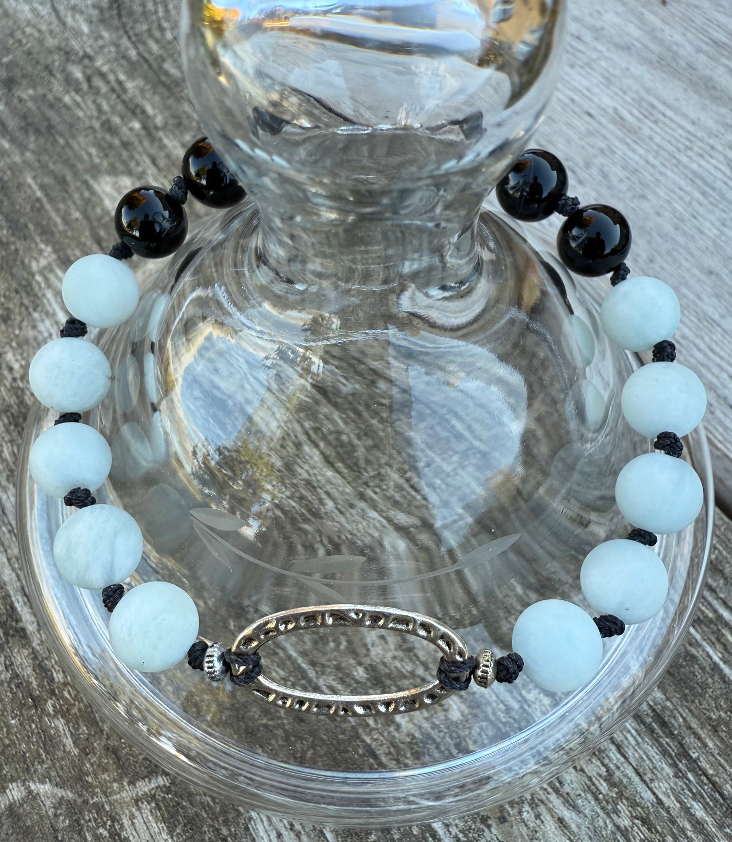 Blue Angelite & Black Agate Knotted Bracelet