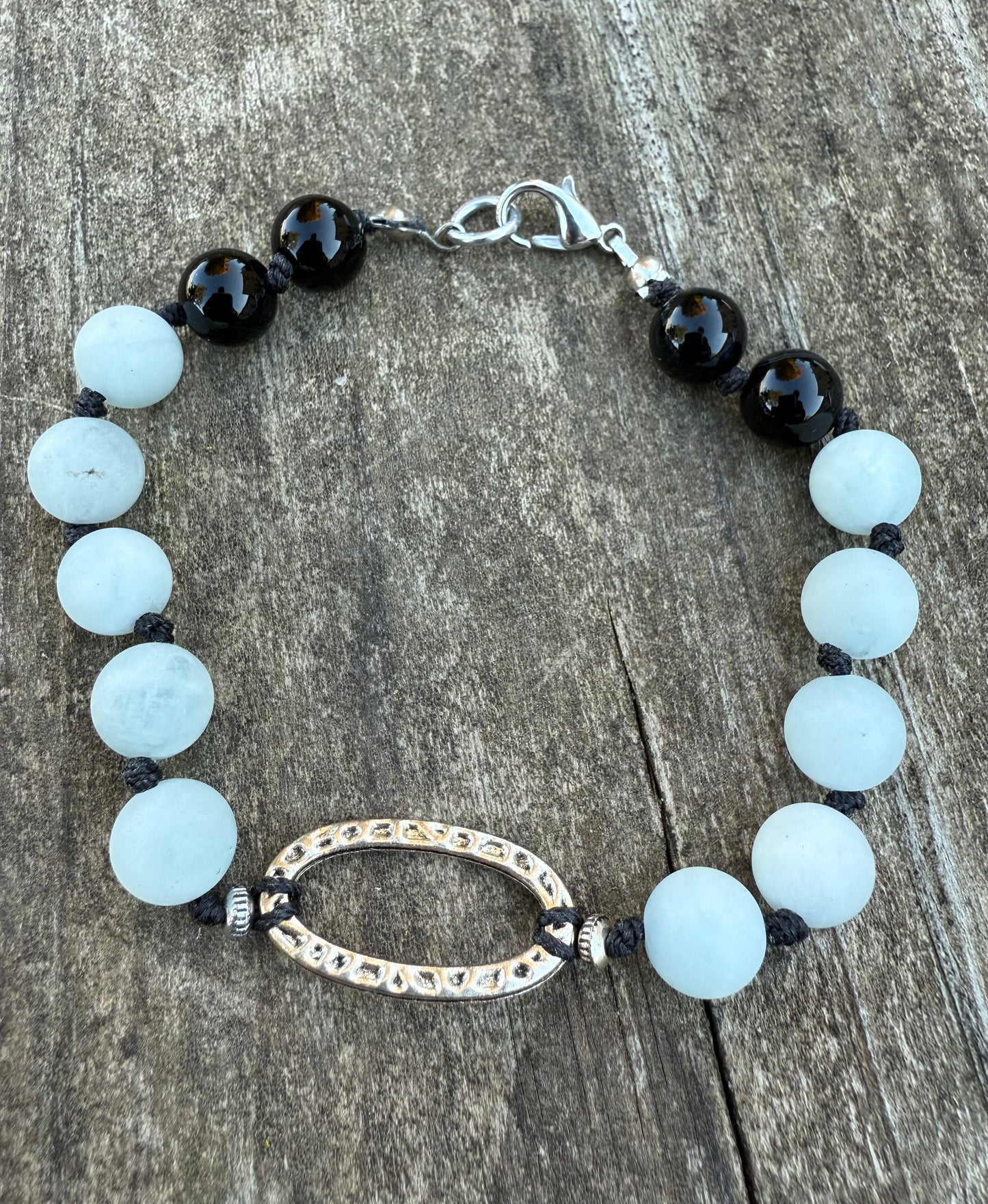 Blue Angelite & Black Agate Knotted Bracelet