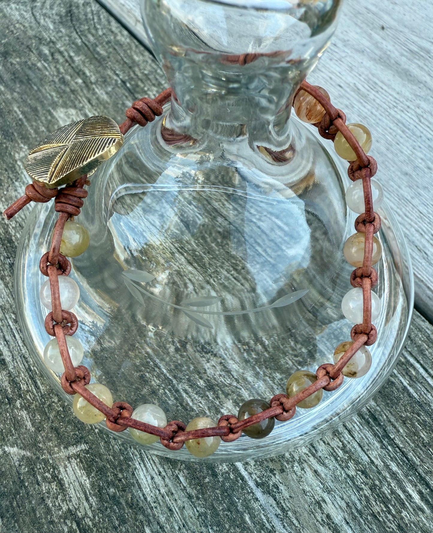Leather Bracelet with Translucent Green Crystal Quartz Gemstone Beads