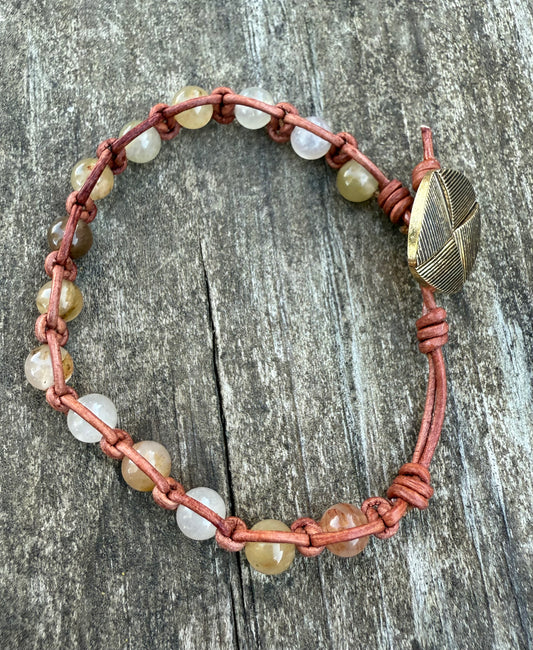 Leather Bracelet with Translucent Green Crystal Quartz Gemstone Beads
