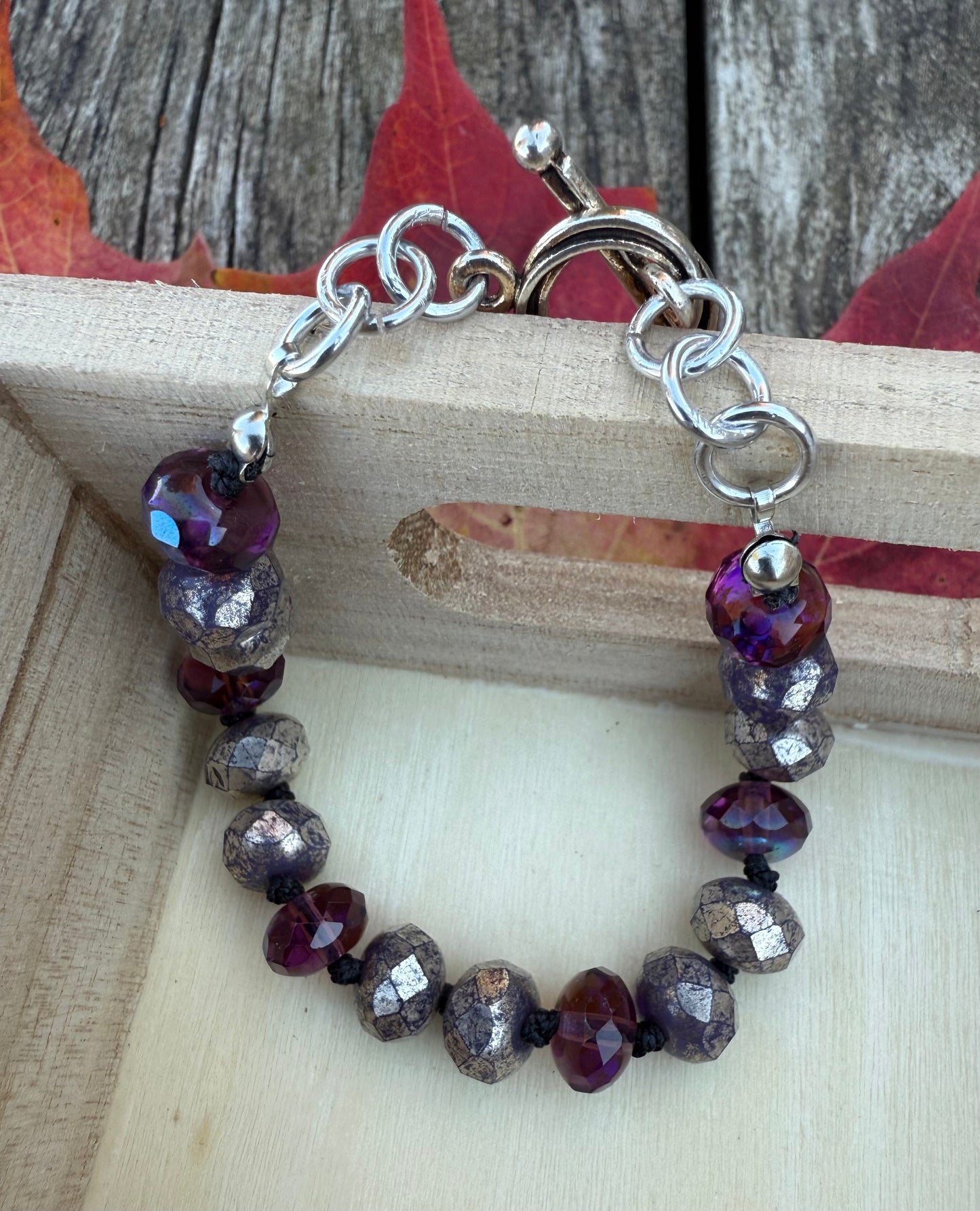 Purple & Silver Czech Glass Knotted Bracelet