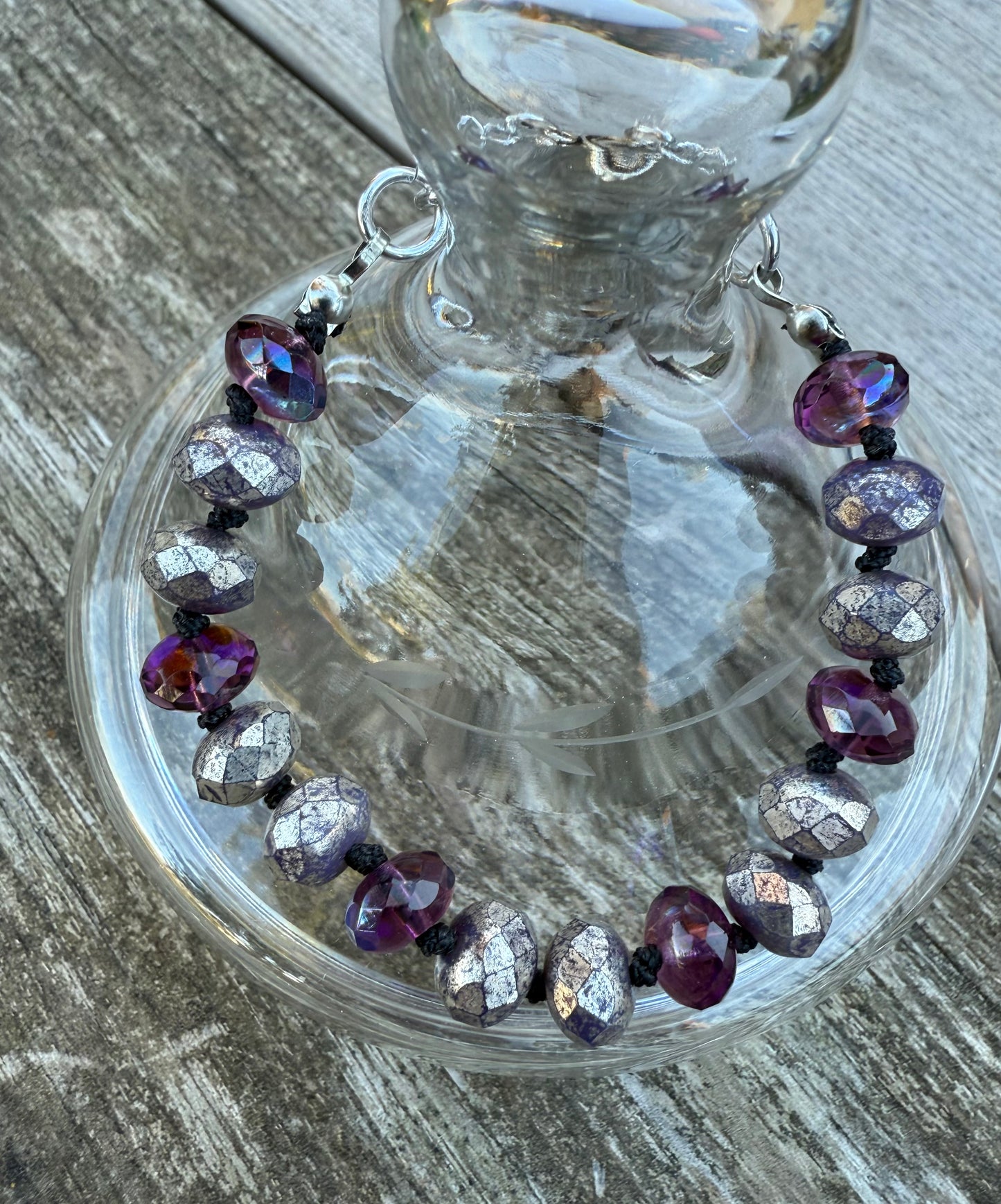 Purple & Silver Czech Glass Knotted Bracelet