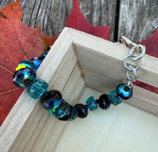 Blue & Black Czech Glass Knotted Bracelet