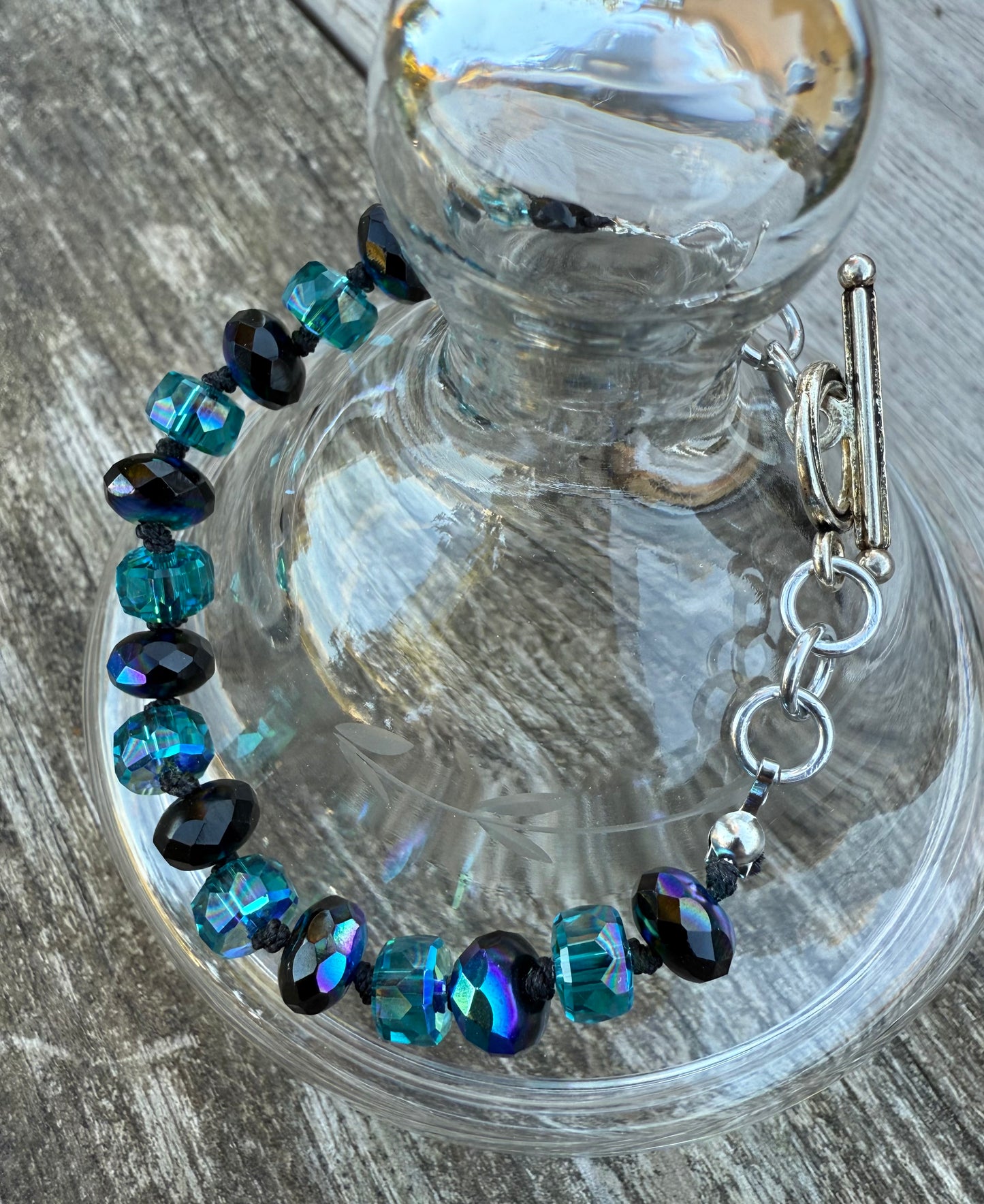 Blue & Black Czech Glass Knotted Bracelet
