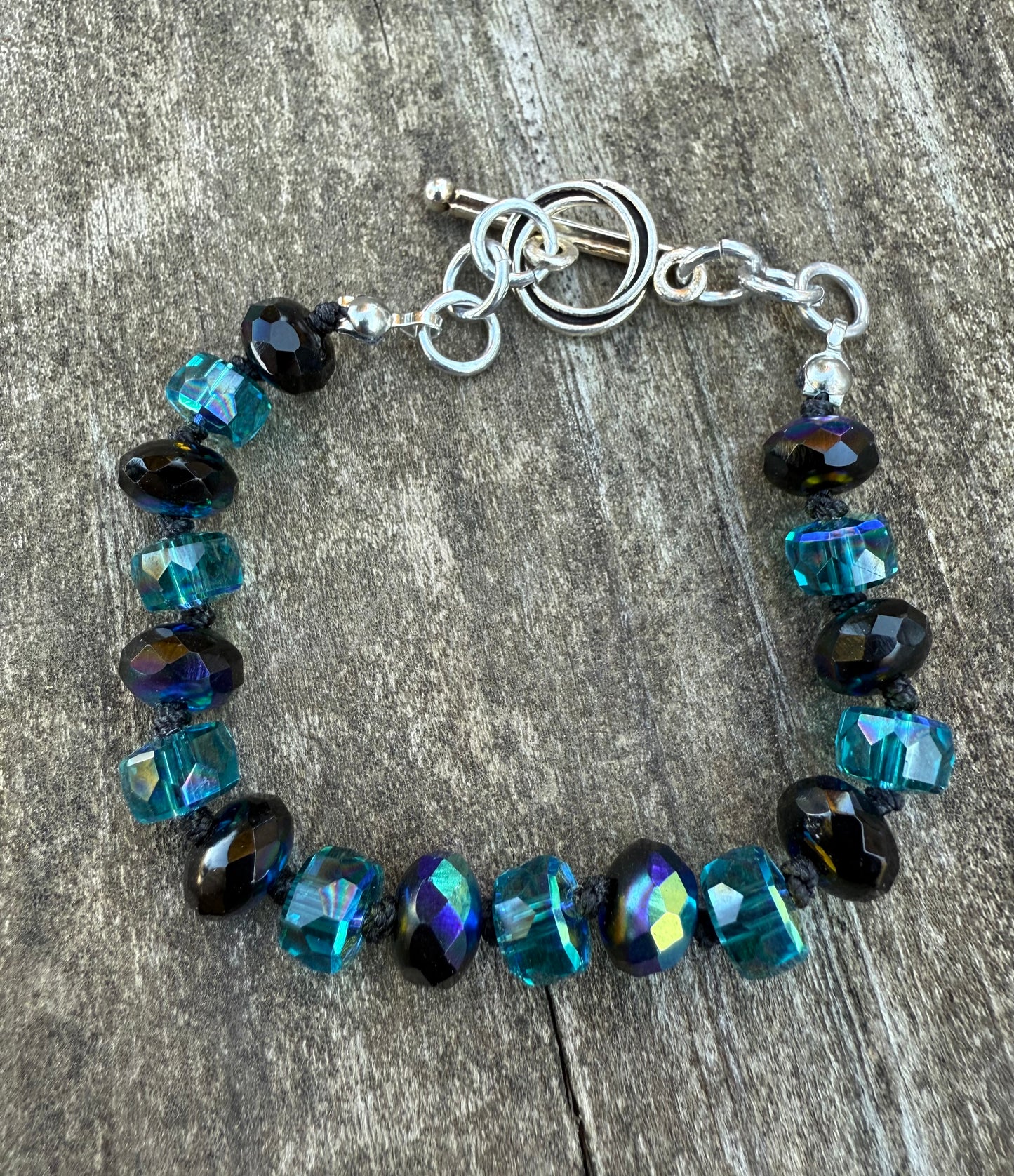 Blue & Black Czech Glass Knotted Bracelet