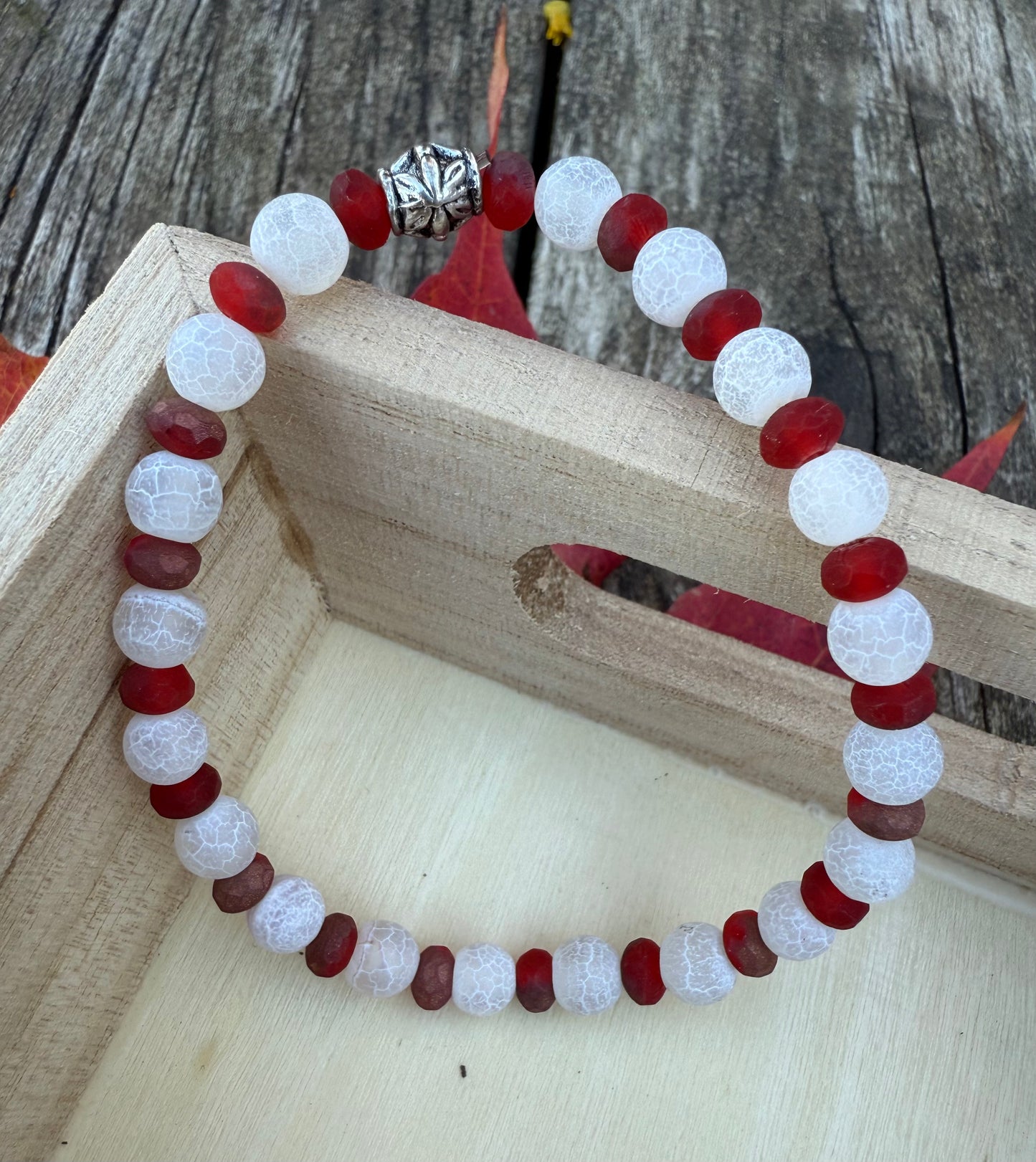 White Crackle Quartz & Red Czech Glass Stretch Bracelet