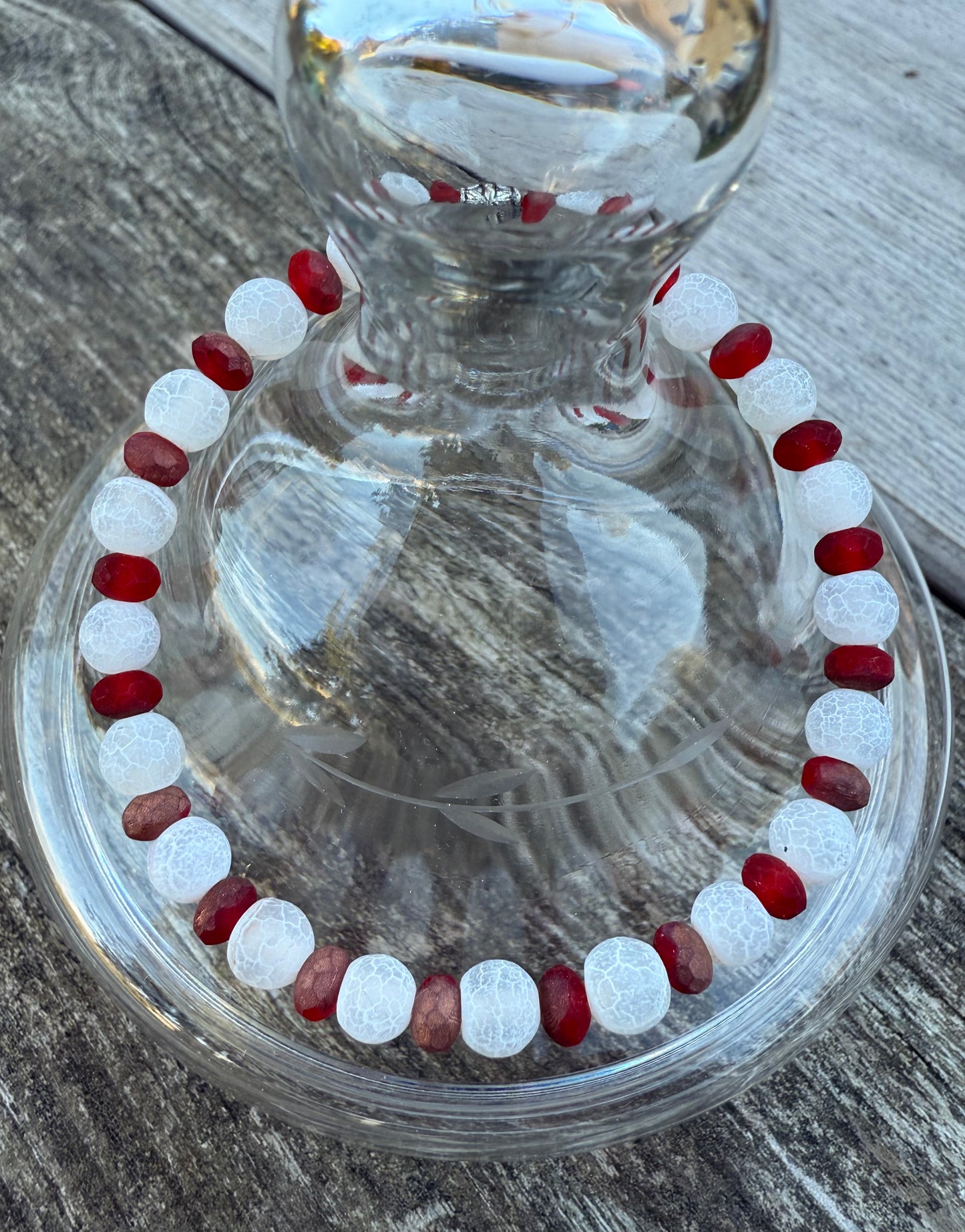 White Crackle Quartz & Red Czech Glass Stretch Bracelet