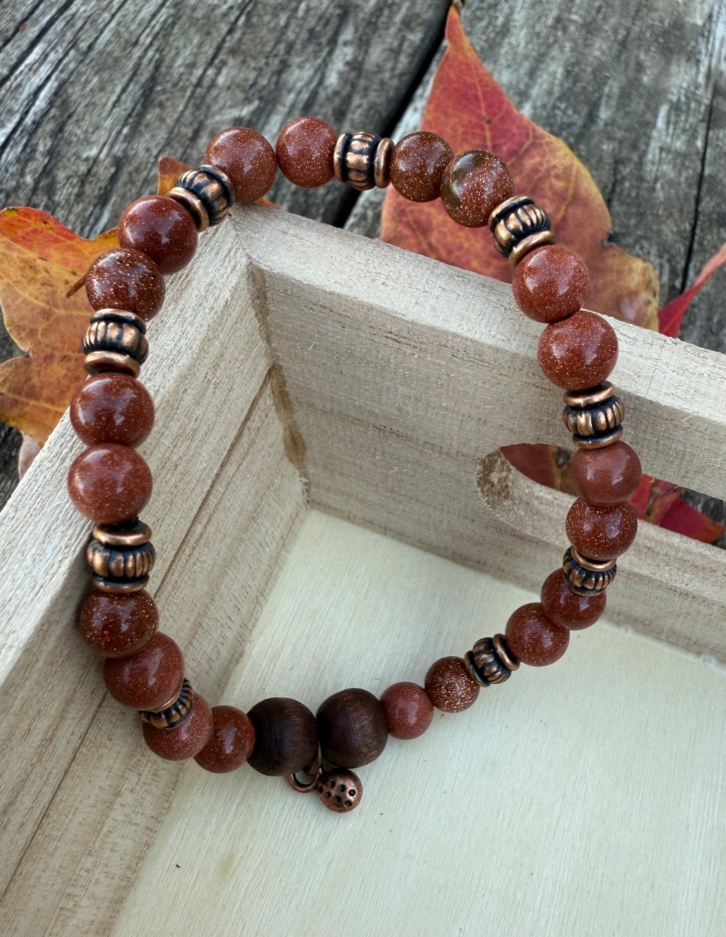 Goldstone, Wood & Copper Stretch Bracelet