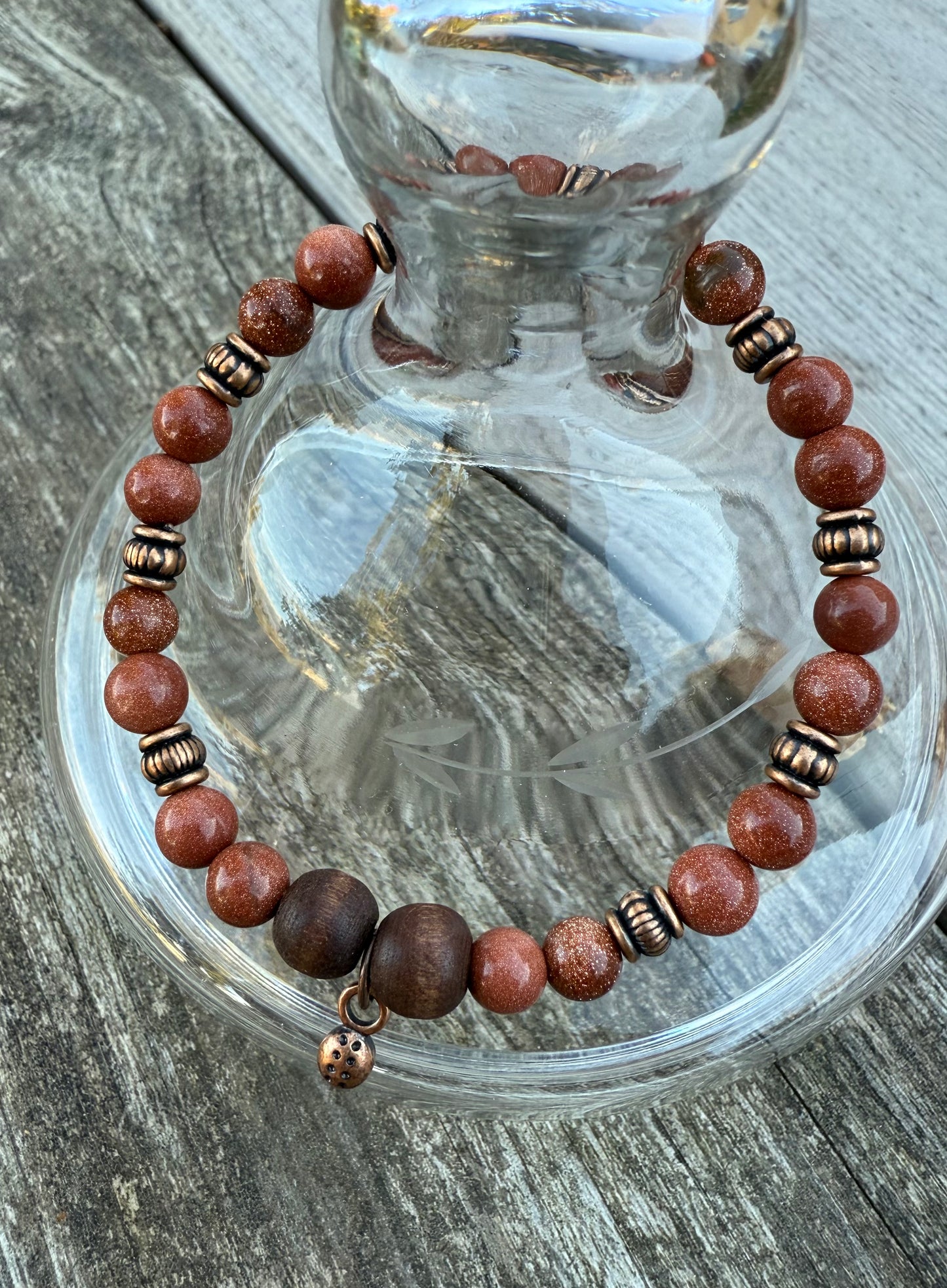 Goldstone, Wood & Copper Stretch Bracelet