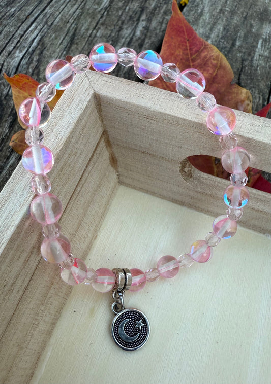 Pink Crystal Quartz & Czech Glass Stretch Bracelet