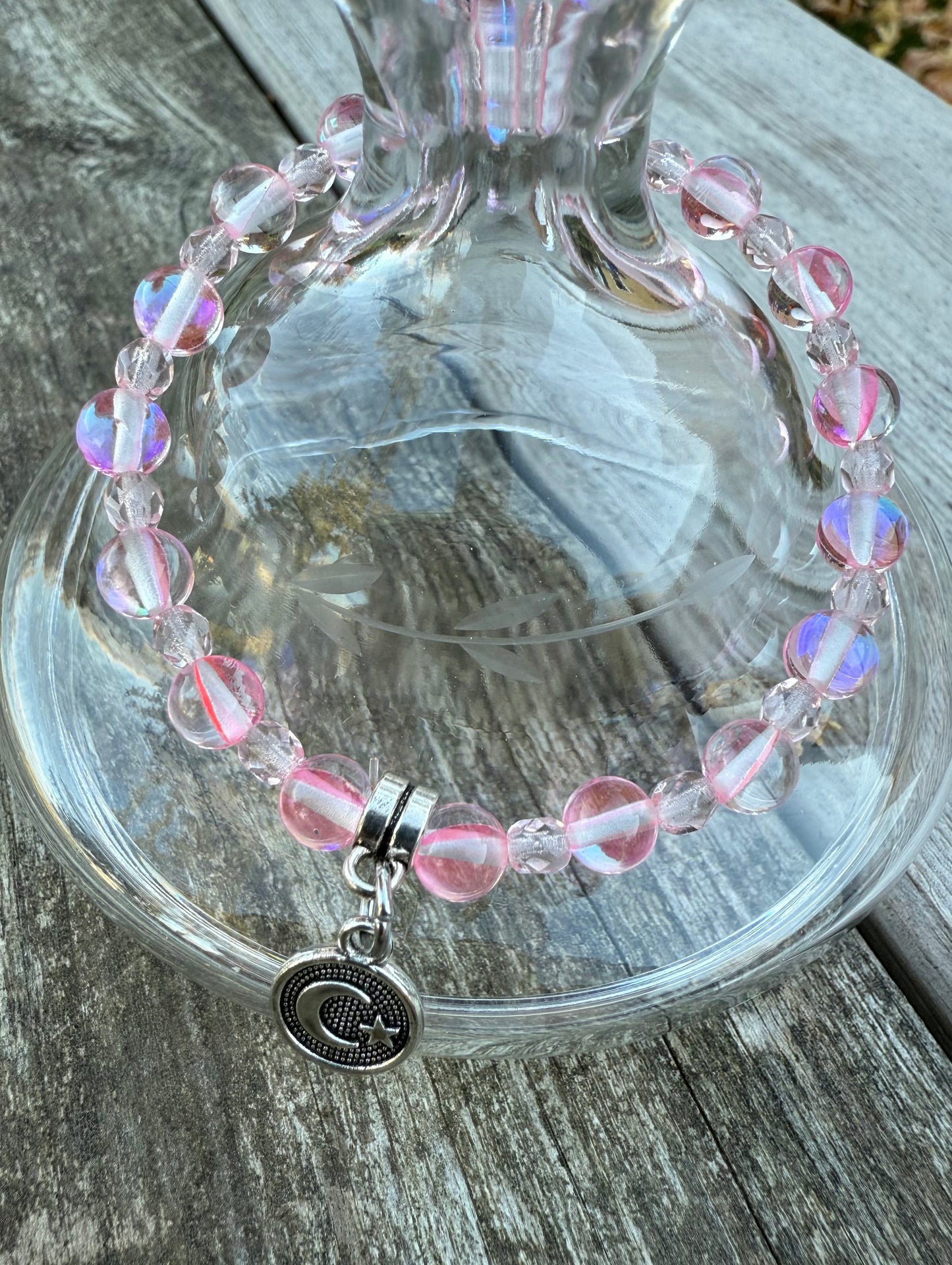 Pink Crystal Quartz & Czech Glass Stretch Bracelet