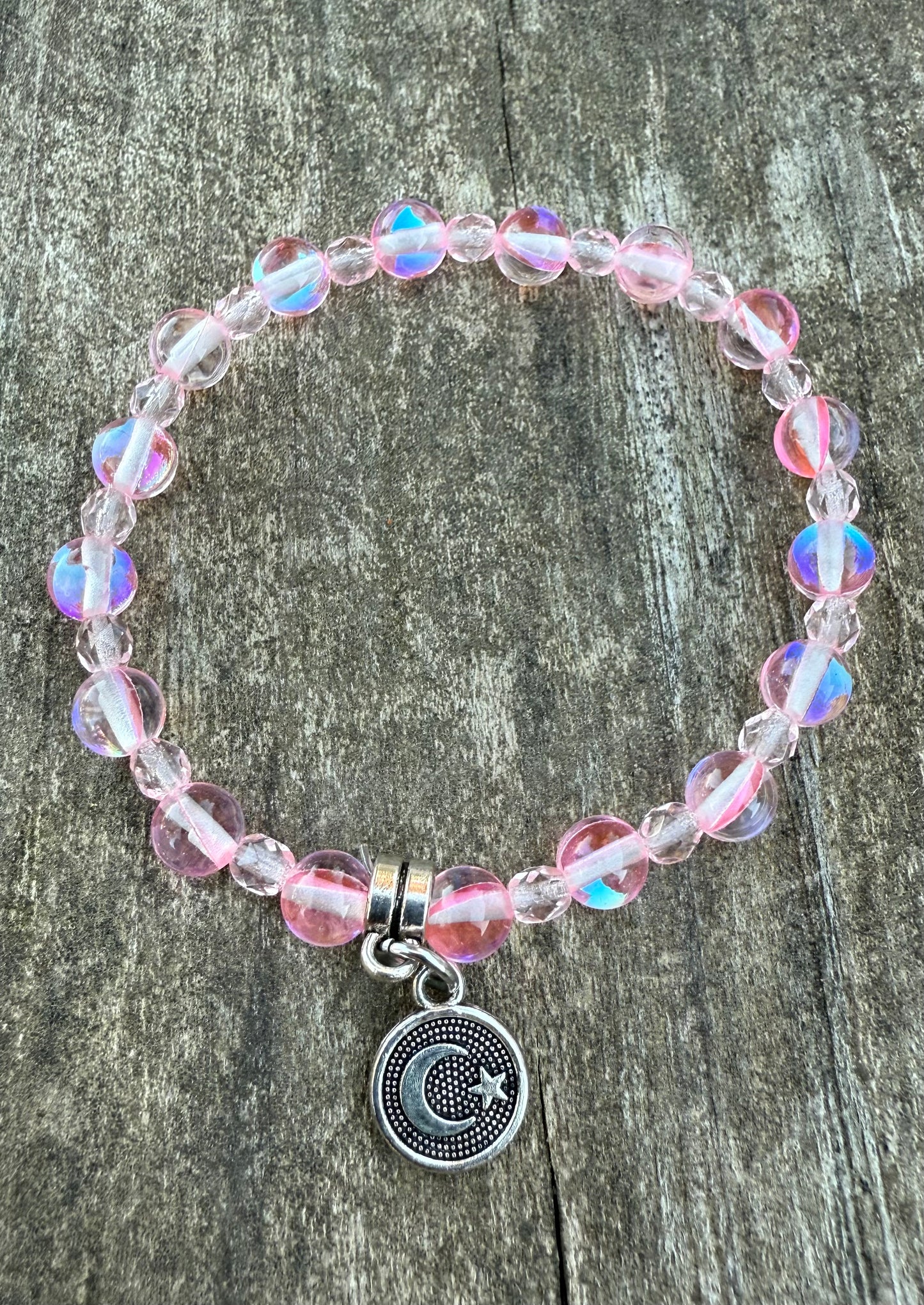 Pink Crystal Quartz & Czech Glass Stretch Bracelet