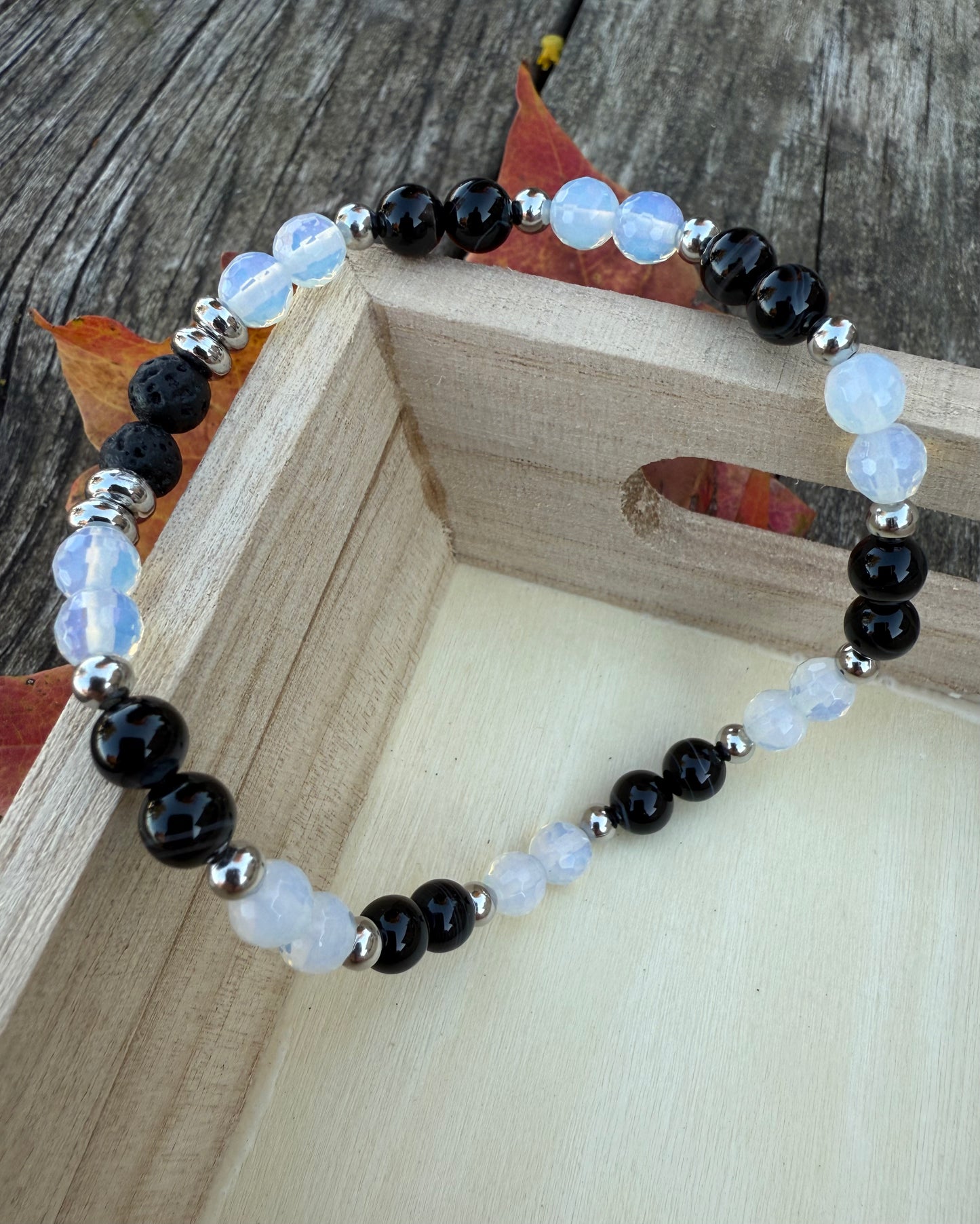 Opalite & Black Agate Stretch Bracelet