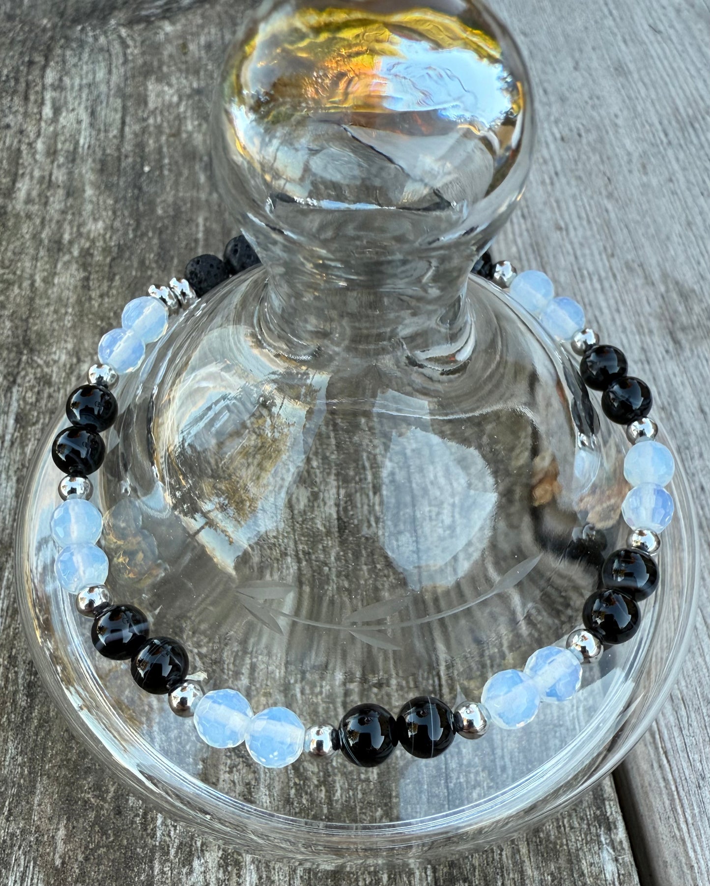 Opalite & Black Agate Stretch Bracelet