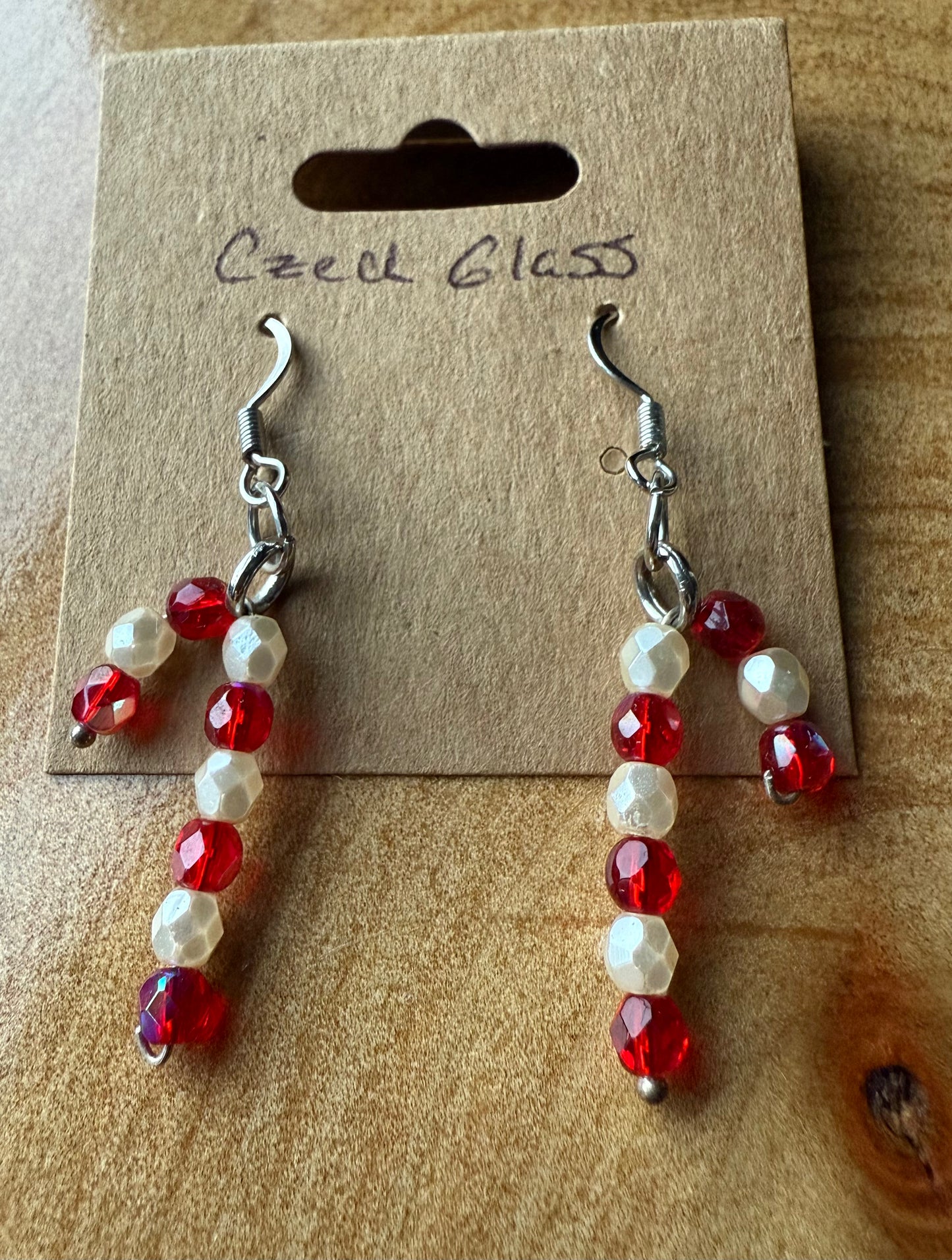 Red & White Czech Glass Earrings Candy Cane Shape