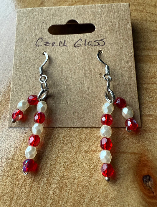 Red & White Czech Glass Earrings Candy Cane Shape
