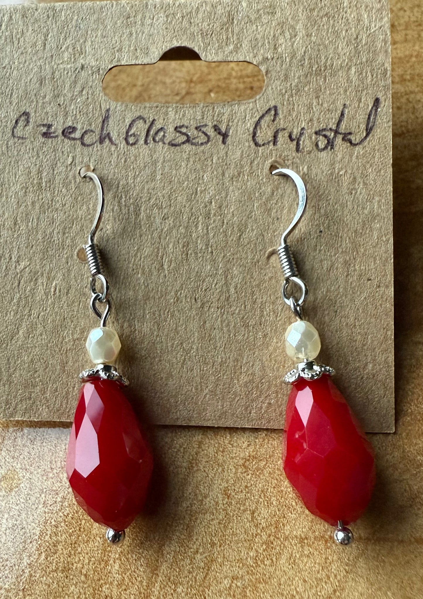 Red & White Czech Glass & Chinese Crystal Earrings