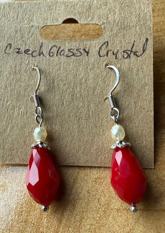 Red & White Czech Glass & Chinese Crystal Earrings