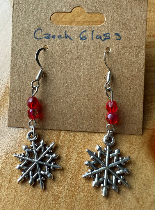 Red & White Czech Glass Earrings with Silver Star Charm