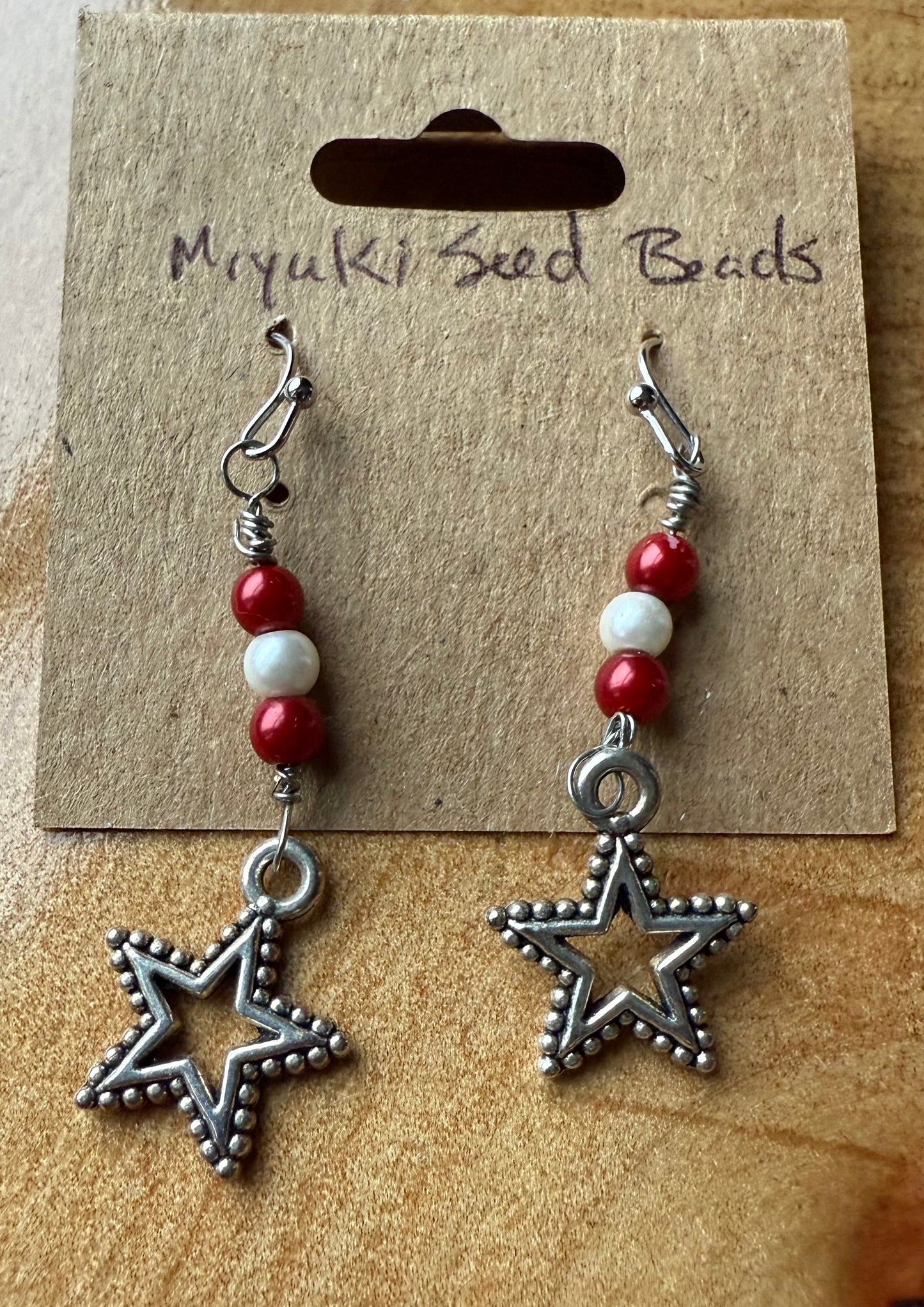 Red & White Miyuki Seed Bead Earrings with Silver Star Charm