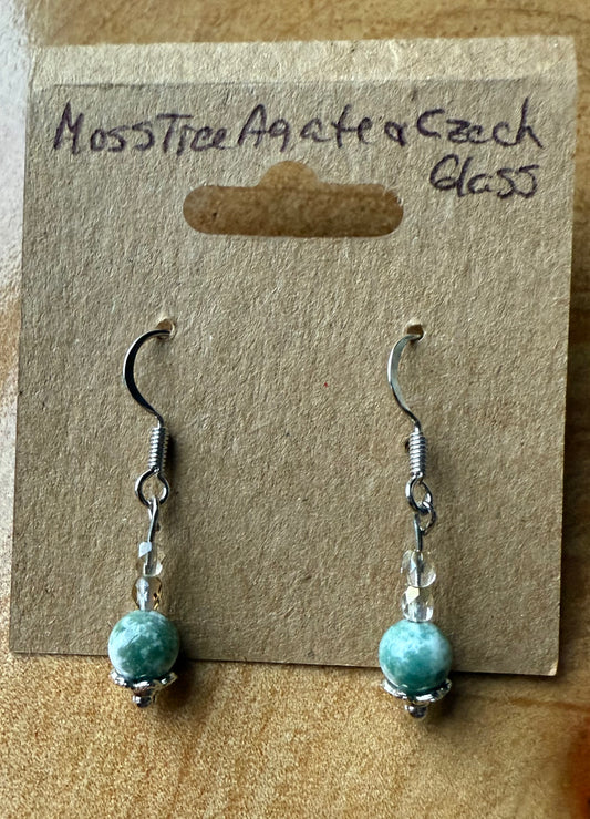 Moss Tree Agate & Czech Glass Earrings