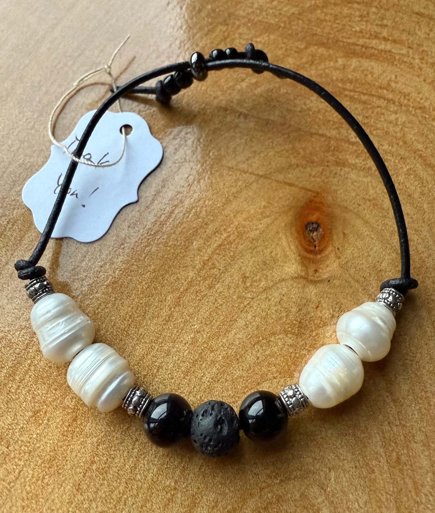 Leather Bracelet with Freshwater Pearl, Black Agate Gemstones & Lava Beads