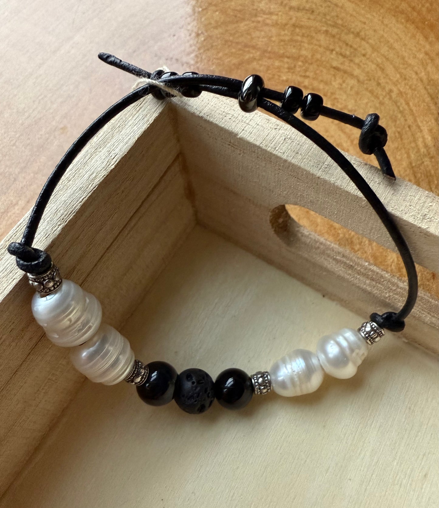 Leather Bracelet with Freshwater Pearl, Black Agate Gemstones & Lava Beads