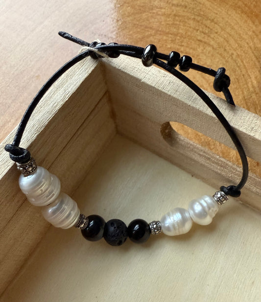 Leather Bracelet with Freshwater Pearl, Black Agate Gemstones & Lava Beads