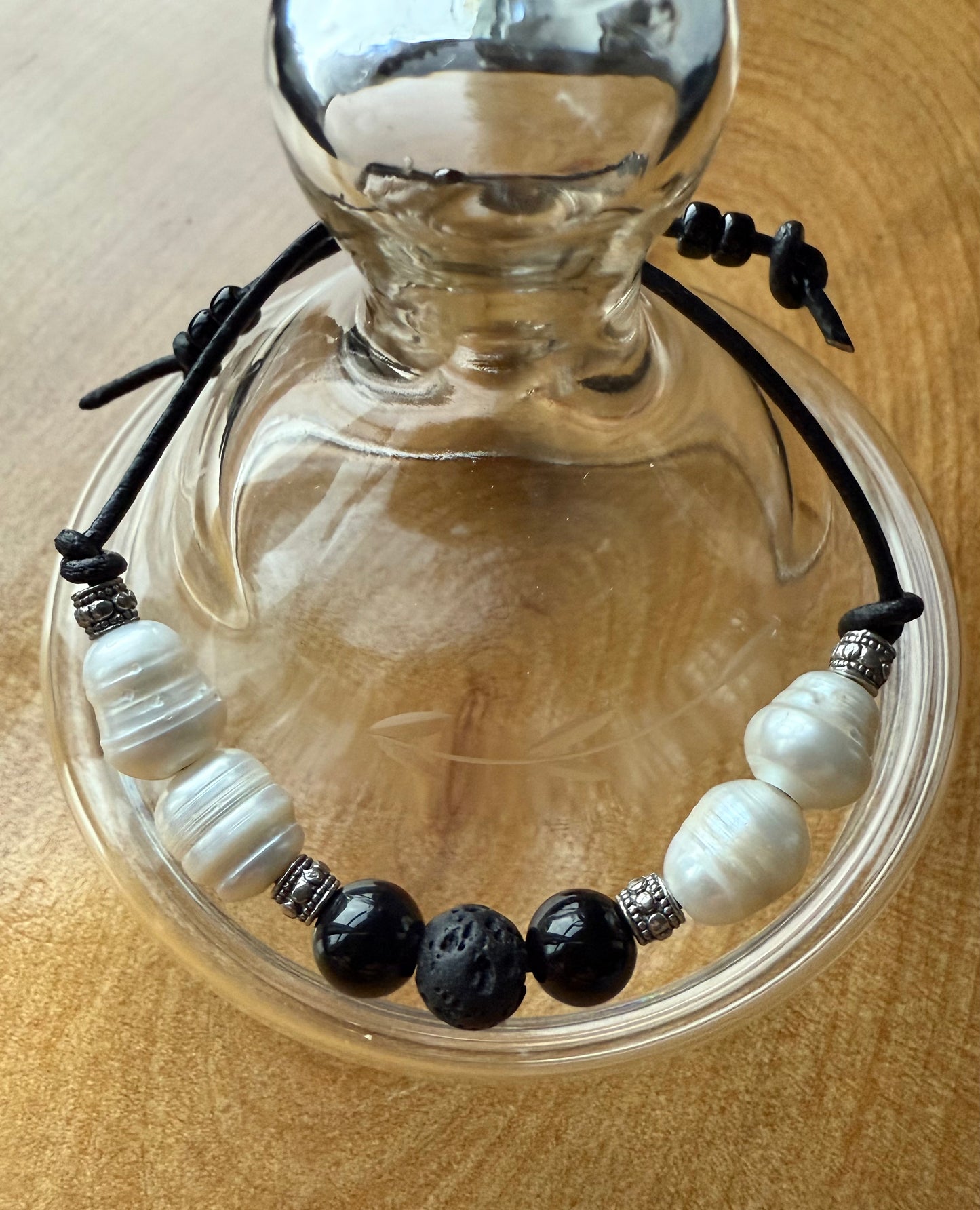 Leather Bracelet with Freshwater Pearl, Black Agate Gemstones & Lava Beads