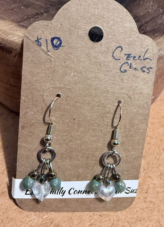 Czech Glass Iridescent Hearts & Green Czech Beads Earrings