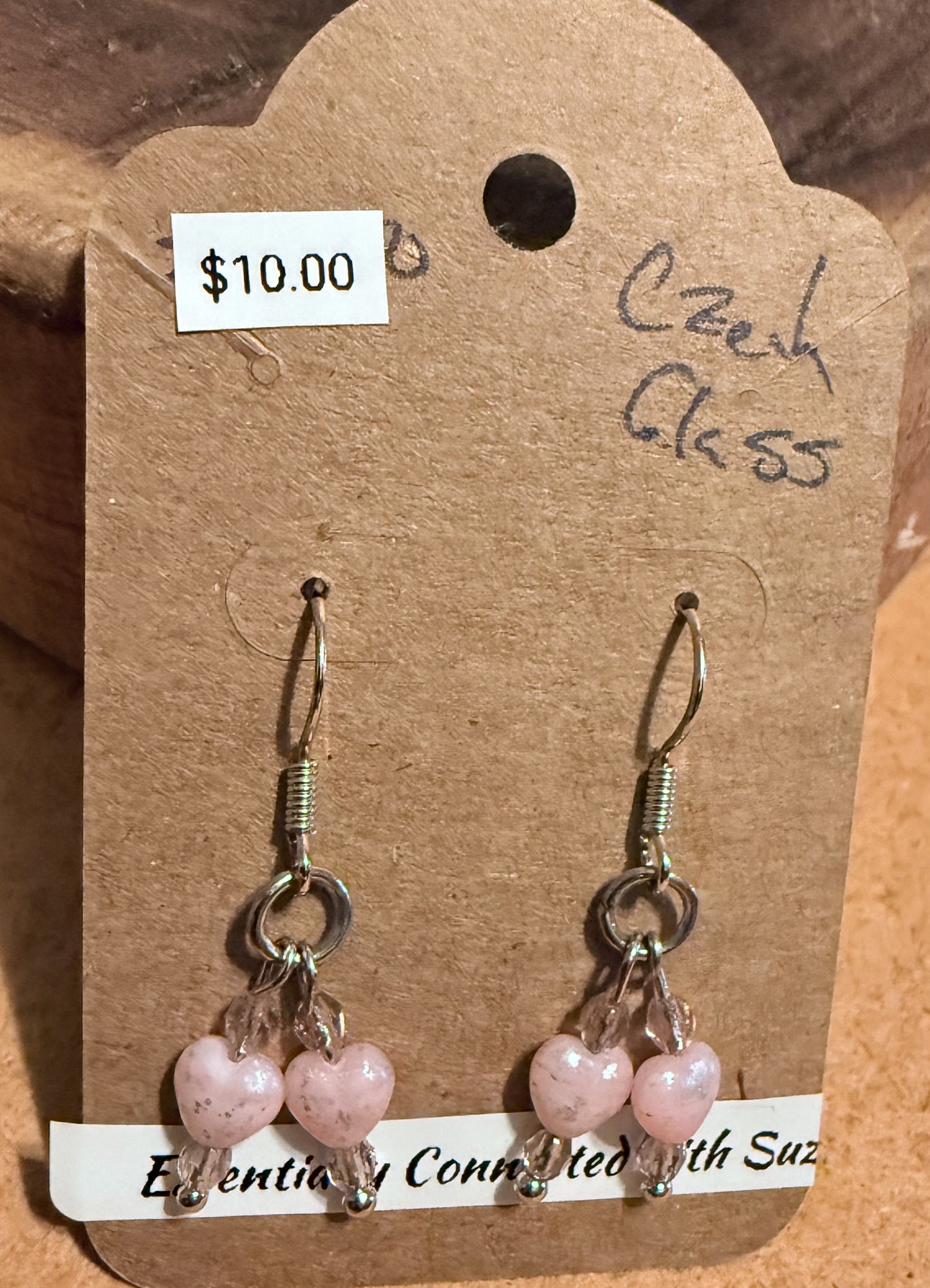 Czech Glass Pink Heart Earrings