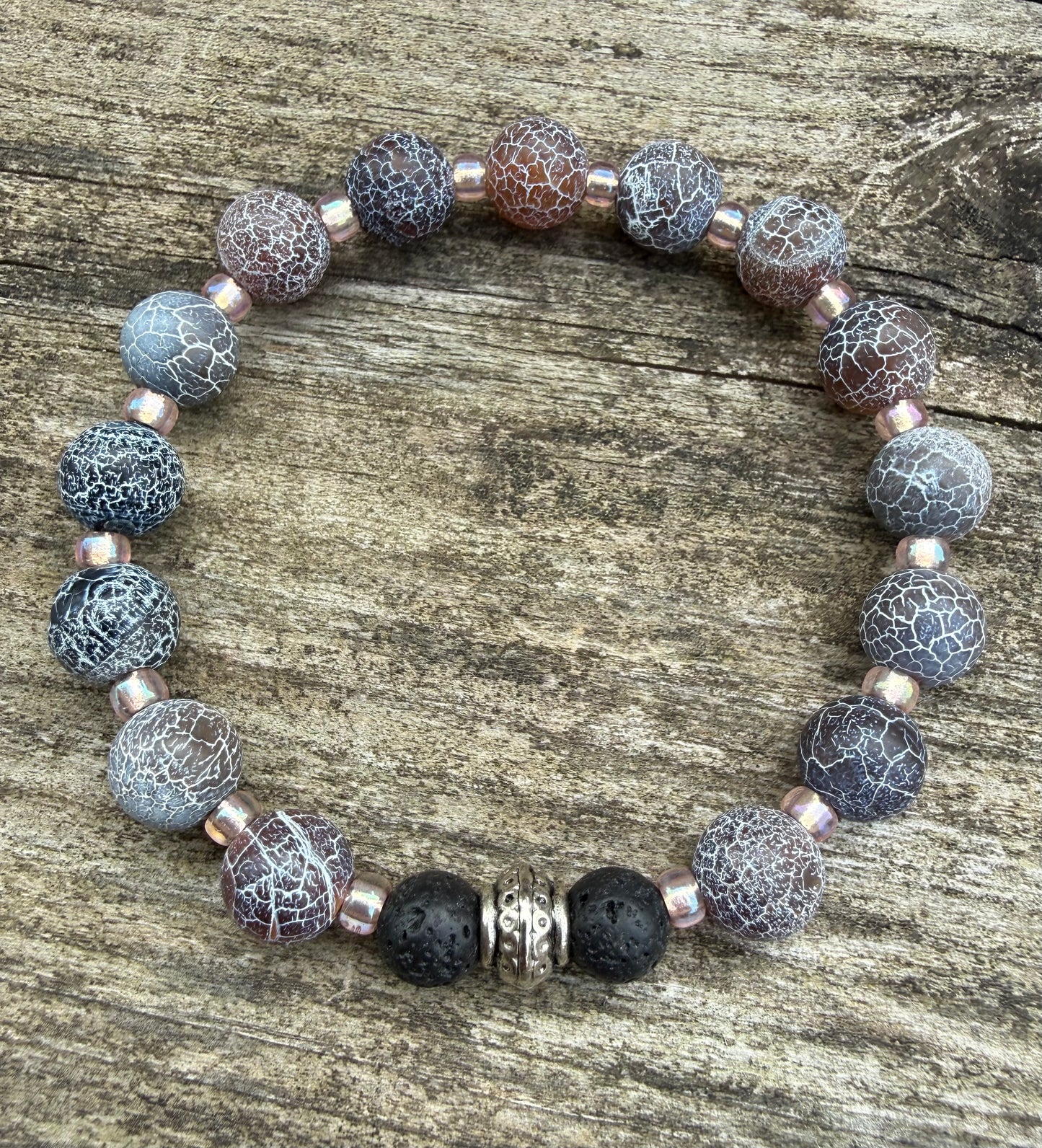 Blue & Red Crackle Agate with Lava Beads Stretch Bracelet