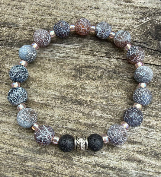Blue & Red Crackle Agate with Lava Beads Stretch Bracelet