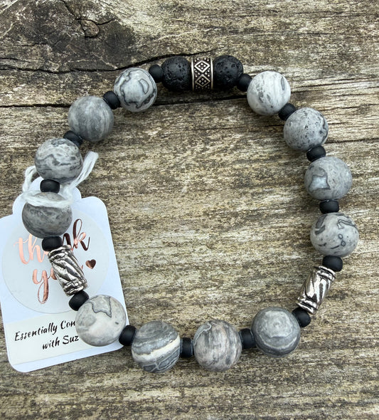 Grey Agate with Lava Beads Stretch Bracelet