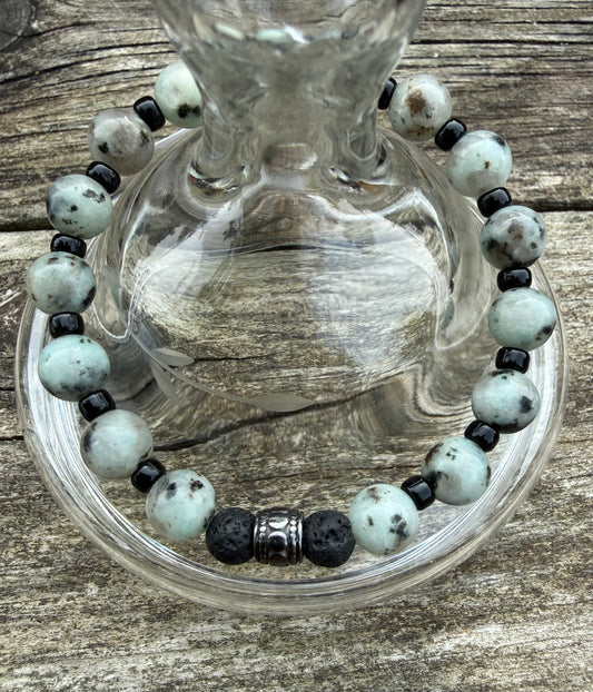 Grey/Green Kiwi Jasper & Black Seed Beads Stretch Bracelet