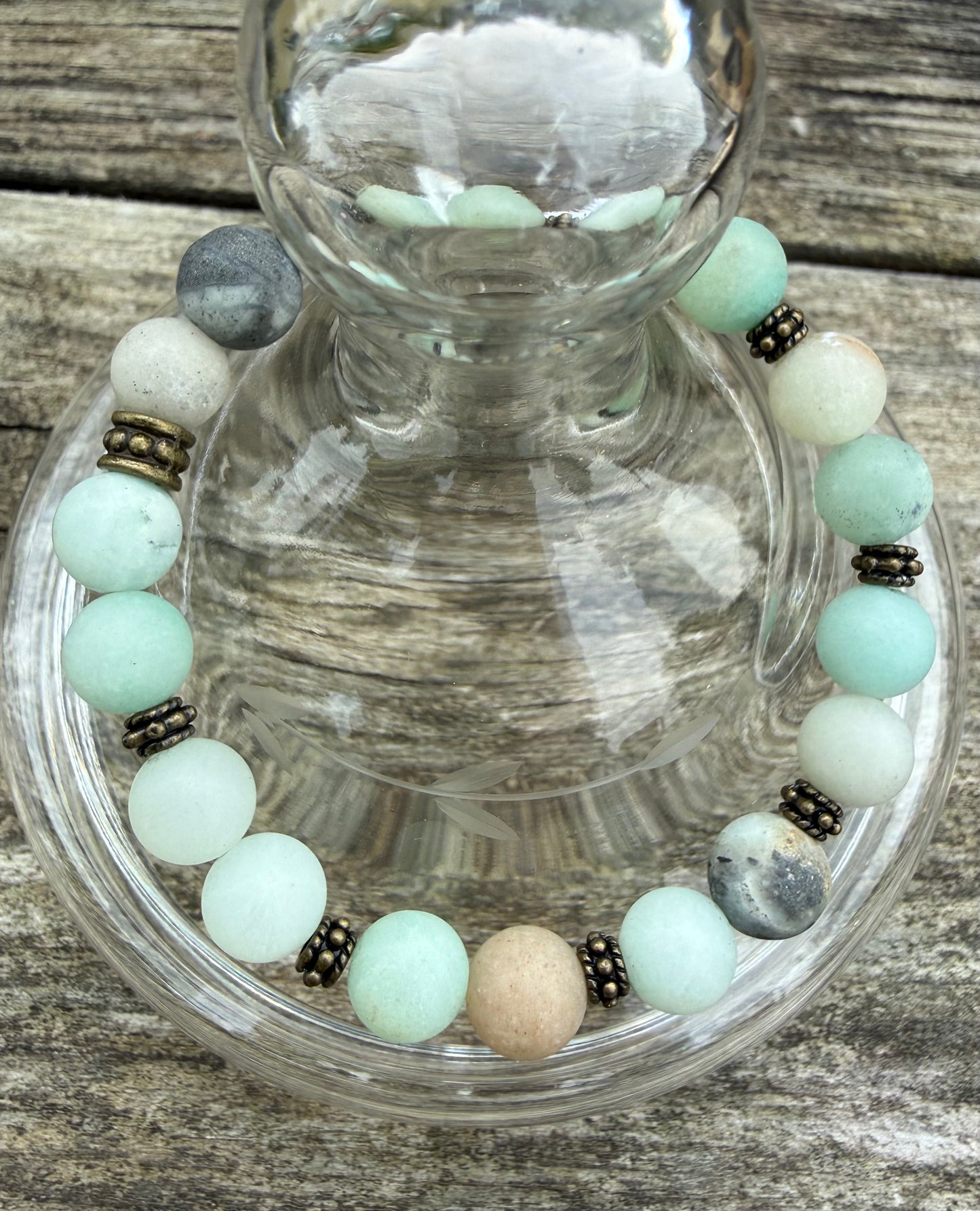 Matte Mixed Amazonite with Antique Bronze Accents Stretch Bracelet
