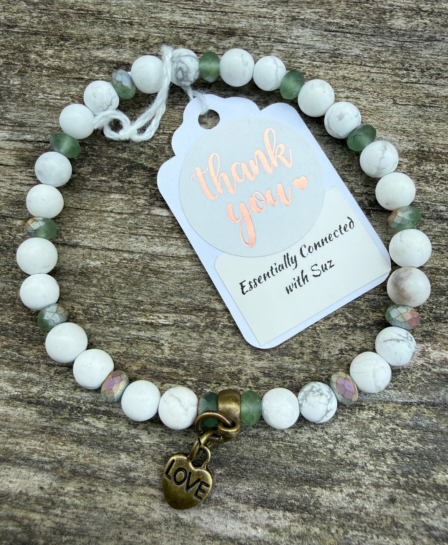 White Howlite & Green Czech Glass with Charm Stretch Bracelet