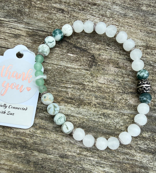 White Jade, Aventurine & Moss Tree Agate Stretch Bracelet
