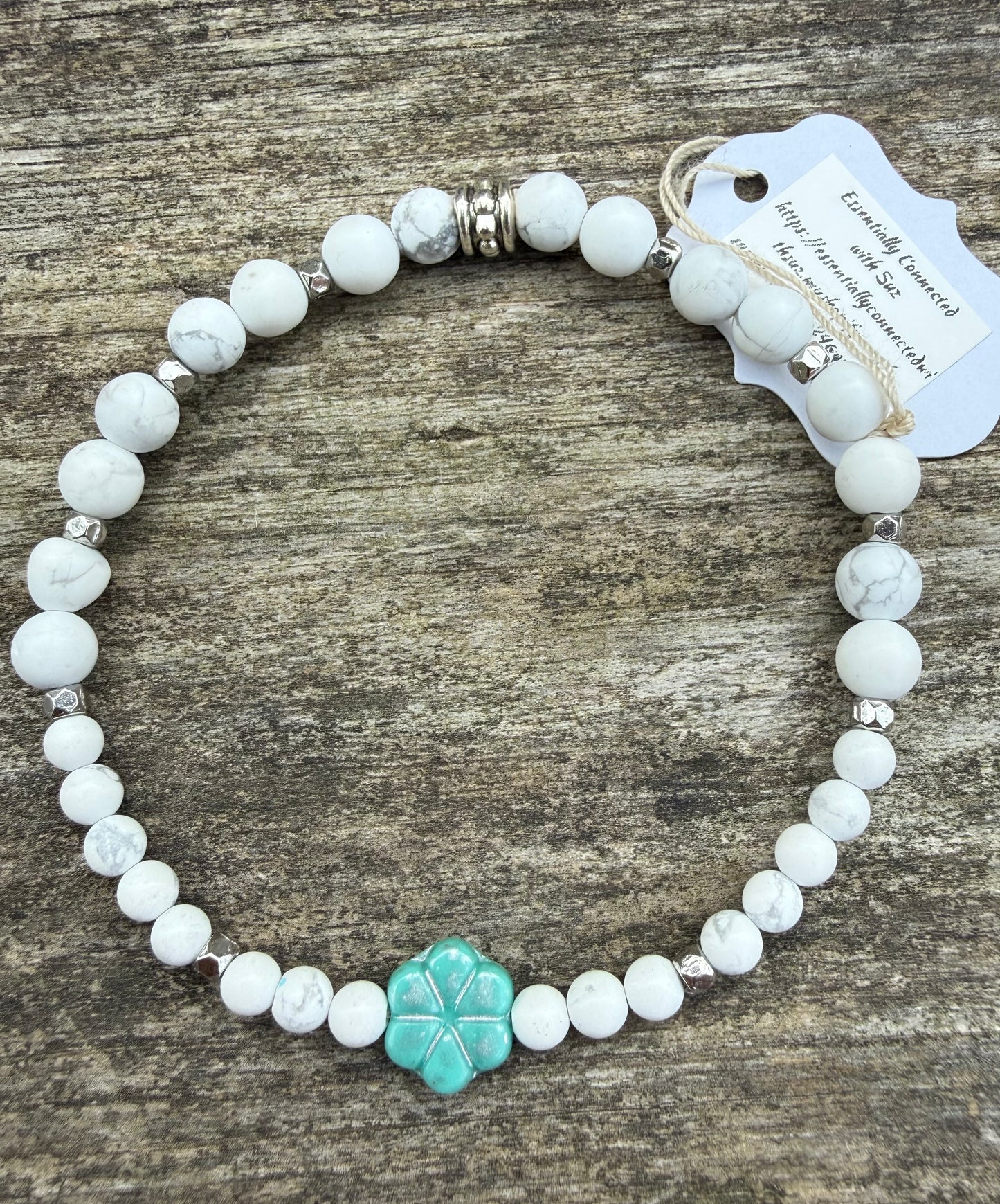 White Howlite with a Turquoise Czech Glass Focal Bead Stretch Bracelet