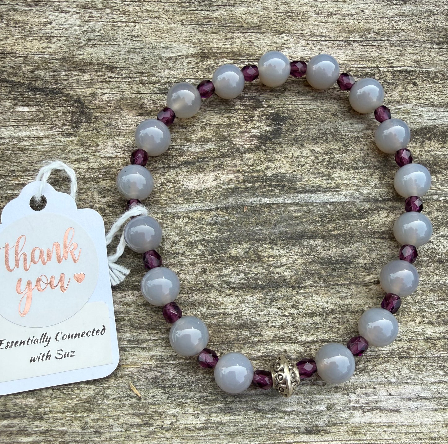 Grey Agate & Purple Czech Glass Firepolish Beads Stretch Bracelet