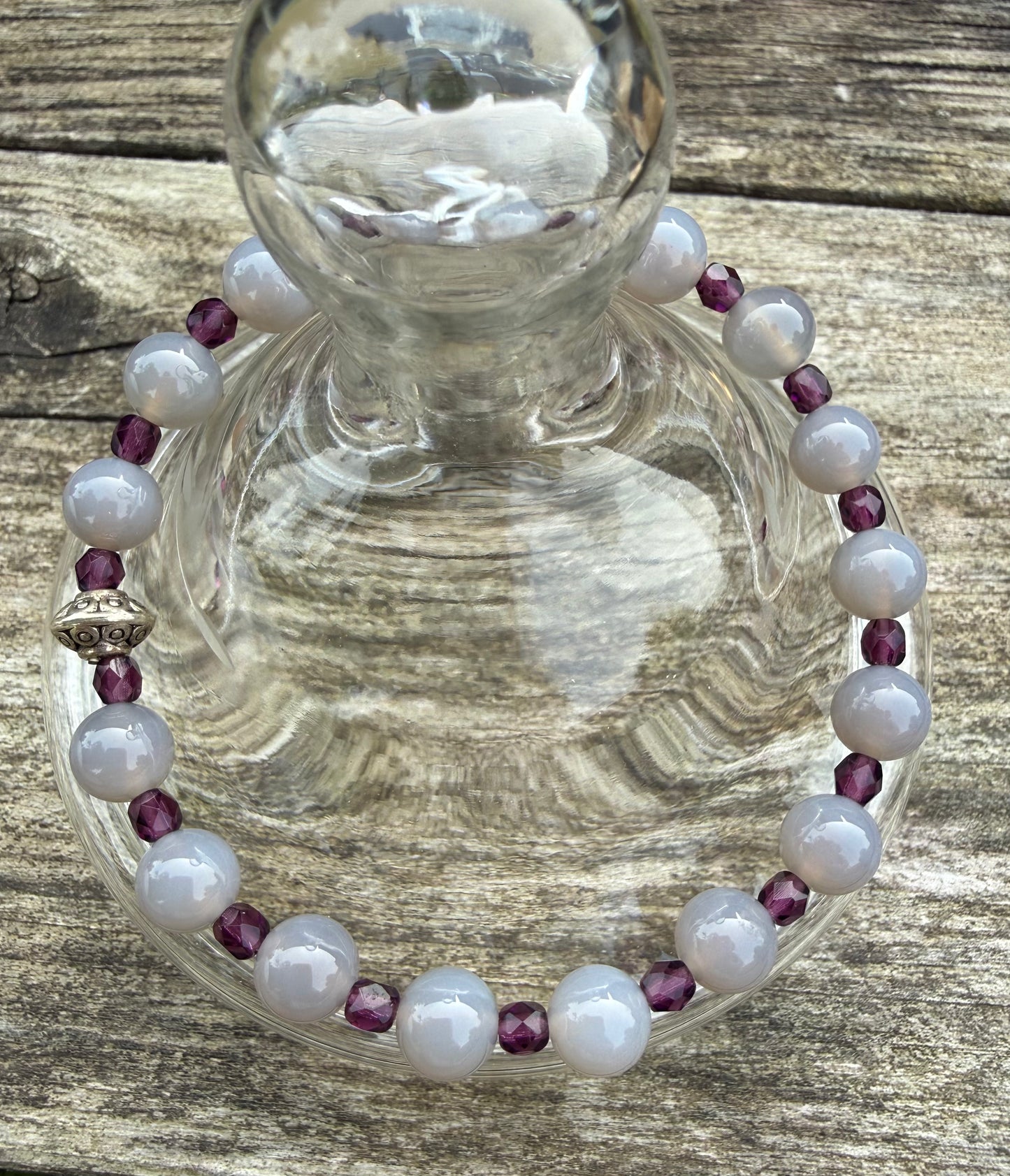 Grey Agate & Purple Czech Glass Firepolish Beads Stretch Bracelet