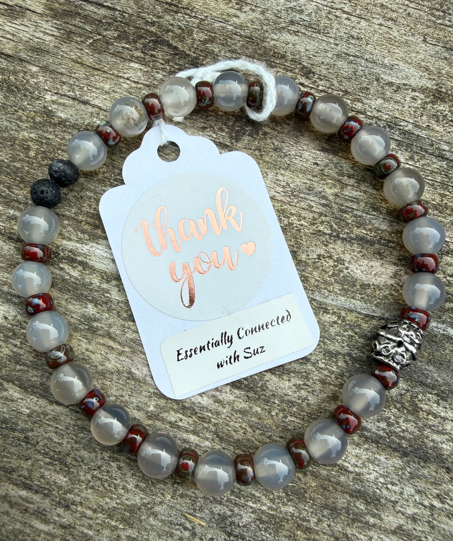 Grey Agate & Deep Red Miyuki Seed Beads Stretch Bracelet